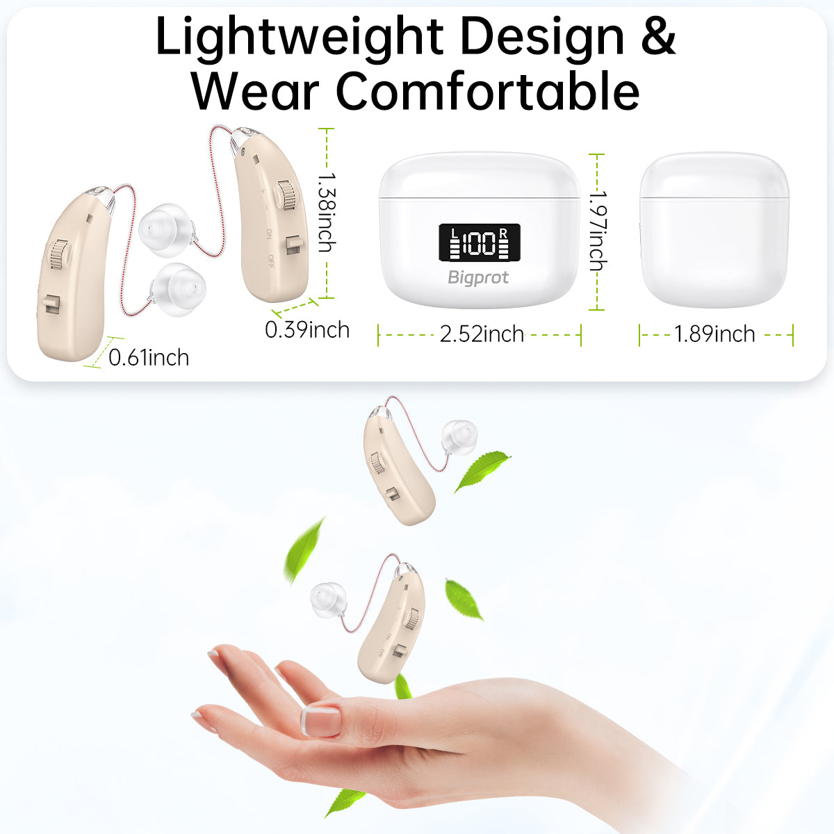 Bigprot M802 Rechargeable Hearing Aids for Seniors – Lightweight BTE Hearing Amplifiers with Noise Cancelling, Portable Charging Case, Stepless Volume Control